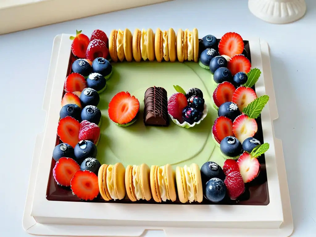 Exquisita bandeja de postres para fiestas de cumpleaños Un elegante plato con mini postres para fiestas cumpleaños, presentados con exquisita decoración