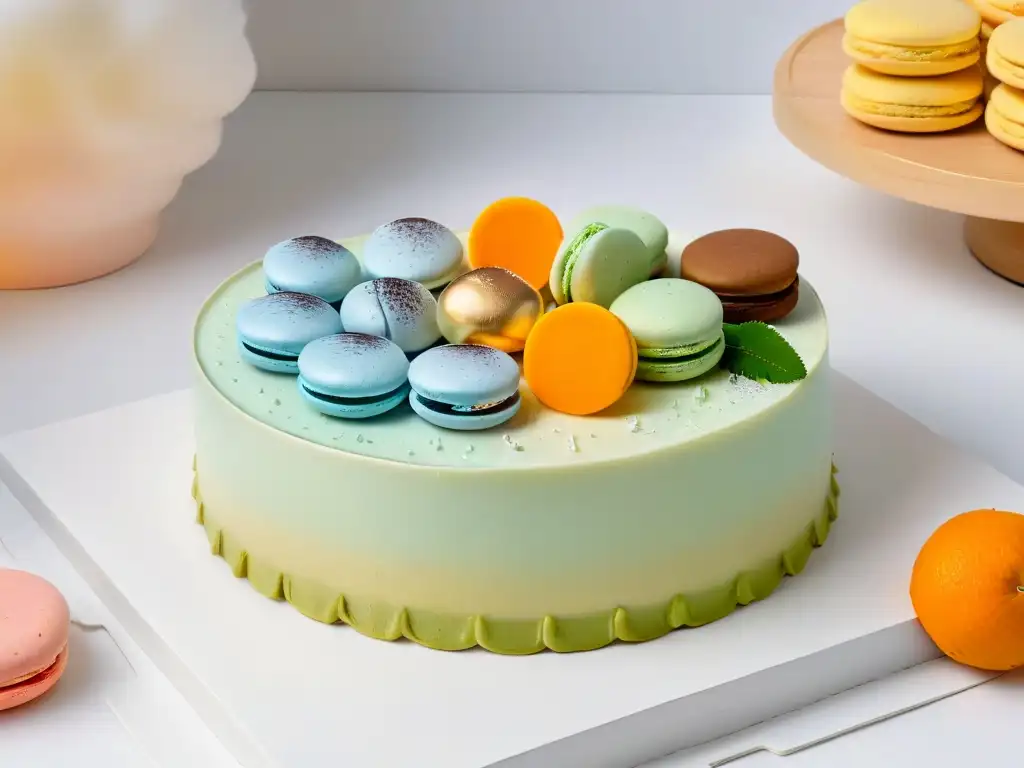 Elegante plato de postres fusionados de Oriente y Occidente: macarons franceses y mochis japoneses, con un tiramisú de té matcha y oro comestible