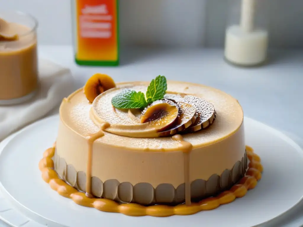 Un elegante plato de postres saludables de dulce de leche: pudín de chía, crepas integrales y galletas de almendra con relleno de dulce de leche