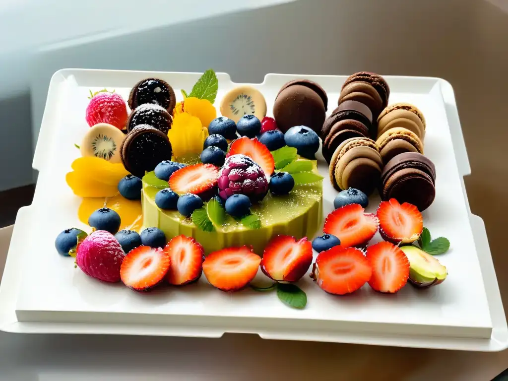 Un elegante plato de postres seguros para alergias alimentarias, con exquisitos y coloridos dulces meticulosamente decorados