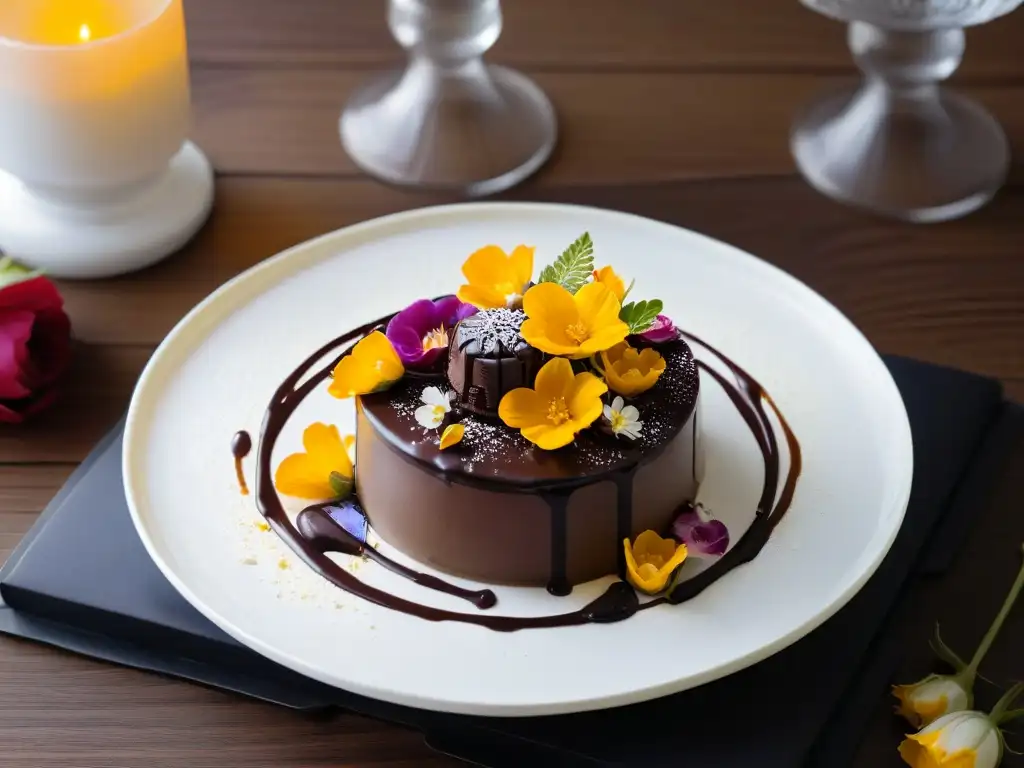 Elegante postre de chocolate con hoja de oro y flores comestibles, en plato blanco moderno