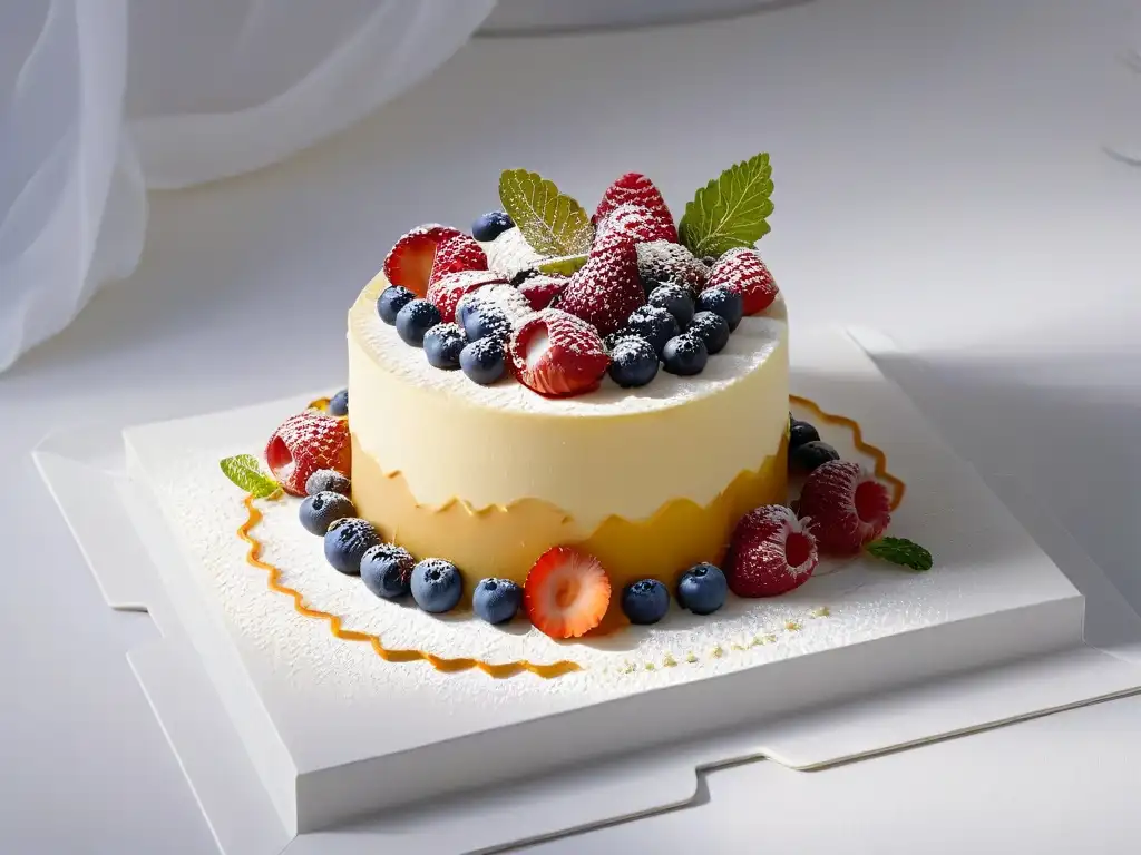 Elegante postre en evento corporativo: delicada pastelería rodeada de detalles vibrantes