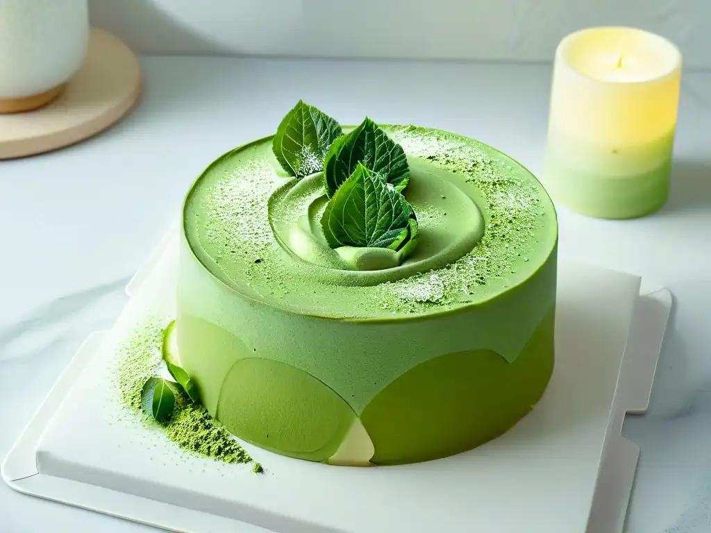 Un elegante postre de matcha de calidad superior en un plato blanco, transmite tranquilidad y sofisticación