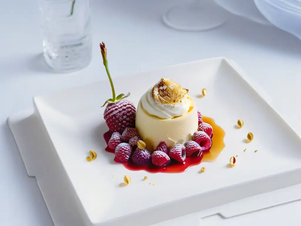 Elegante postre minimalista con helado de vainilla, frambuesa y lámina de oro comestible