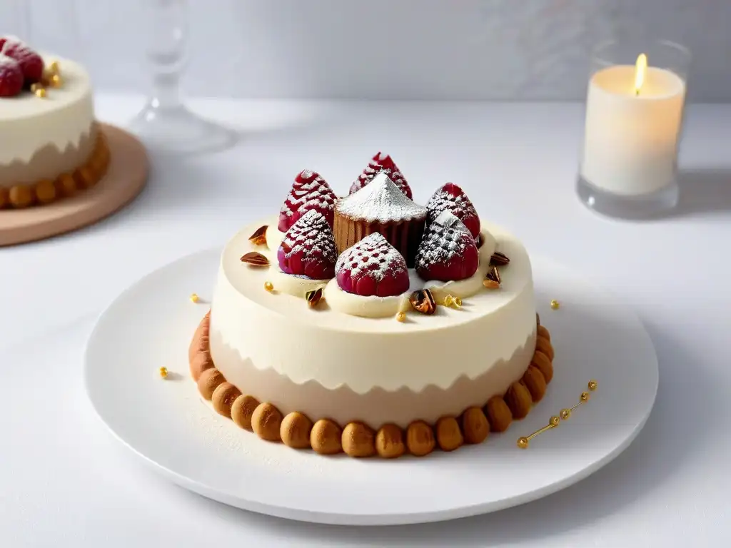 Elegante postre Mont Blanc personalizado con crema de castañas y detalles dorados, sobre plato blanco