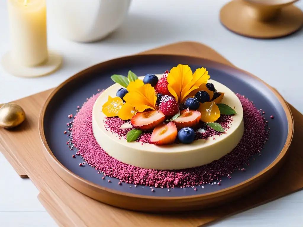 Elegante postre con superalimentos andinos y quinoa colorida, tendencia en repostería