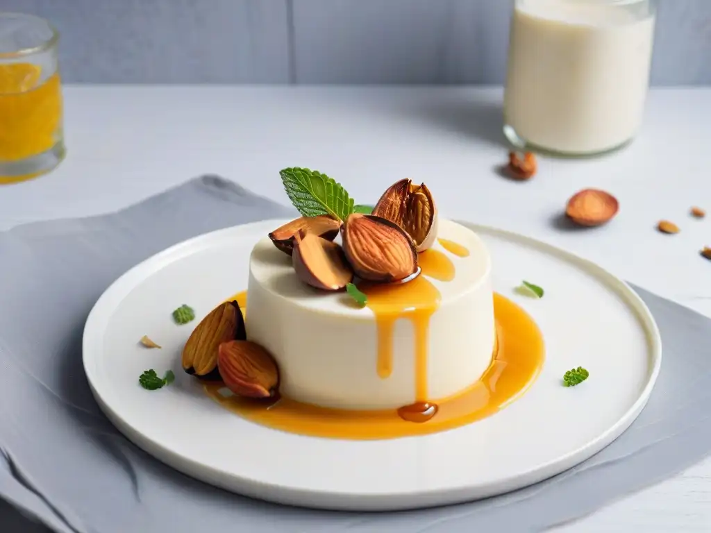 Elegante postre vegano con leche de almendras, almendras y sirope de agave dorado en plato blanco sobre fondo pastel