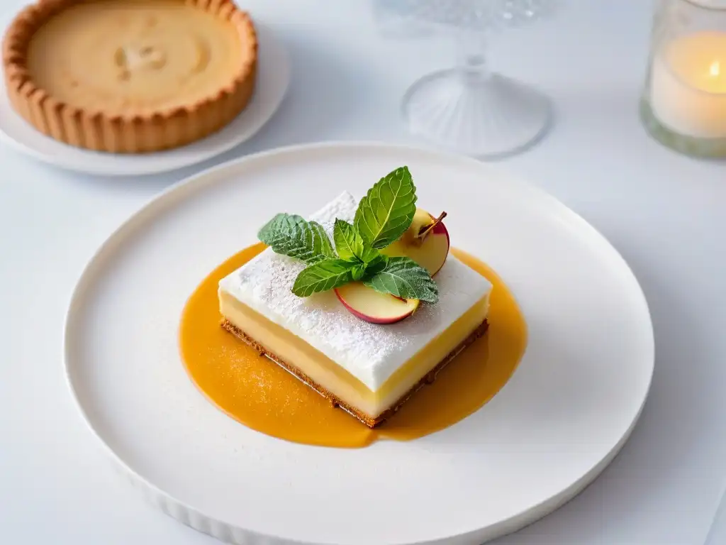 Una elegante presentación de mesa minimalista con una deliciosa tarta de manzana sin gluten, decorada con canela y menta fresca