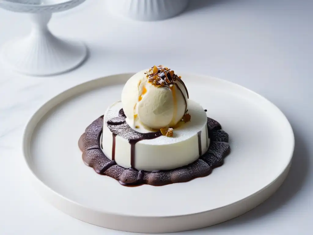 Una elegante presentación minimalista de postre con helado de vainilla y salsa de chocolate