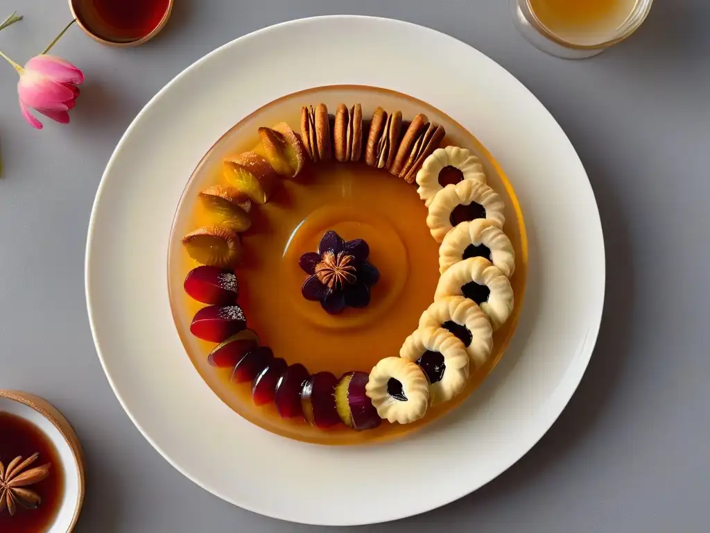 Una elegante presentación de repostería conventual: dulces de almendra, jalea de membrillo y nueces glaseadas en un plato decorado