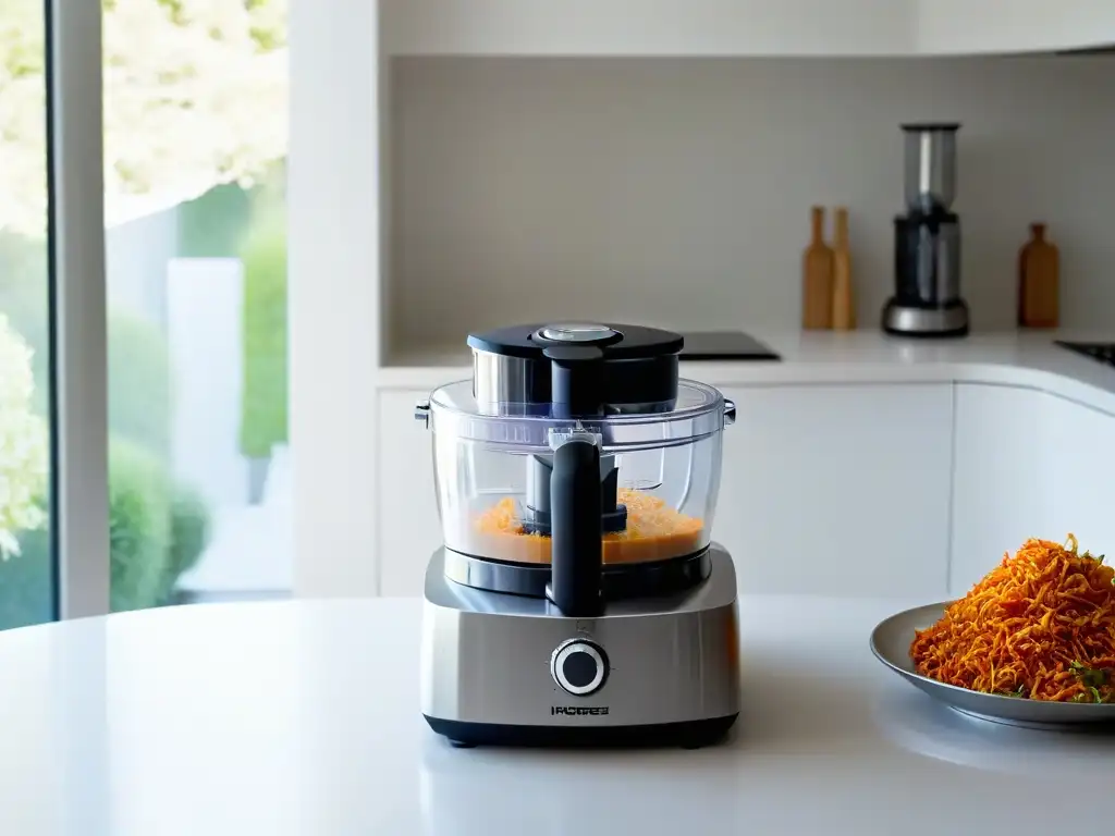 Un elegante procesador de alimentos en una cocina impecable, iluminado por la suave luz natural