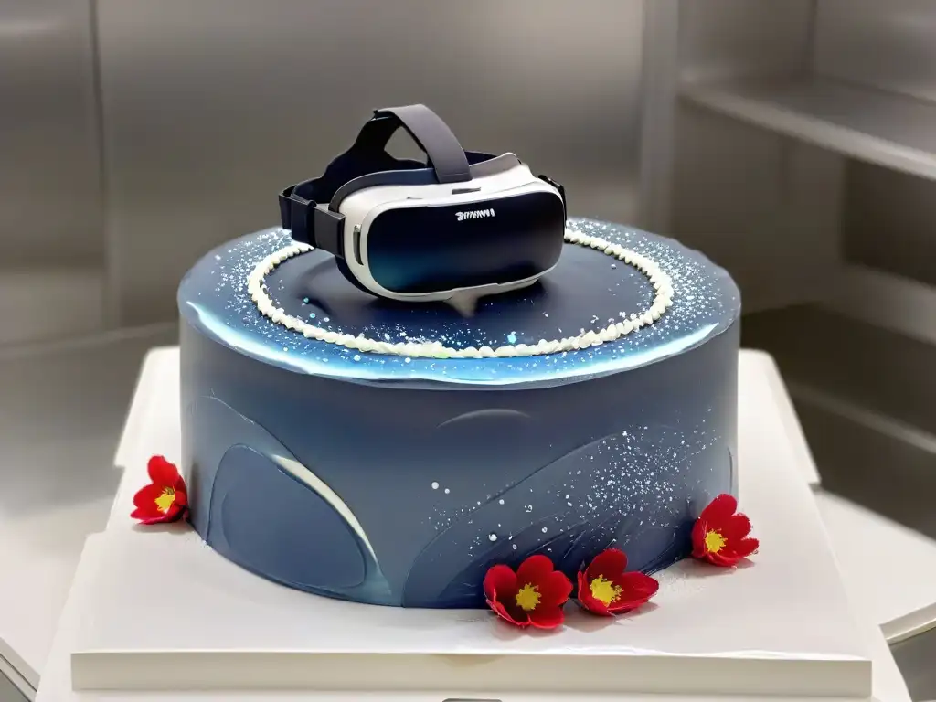 Una elegante realidad virtual en repostería moderna con casco futurista y pastel de bodas detallado