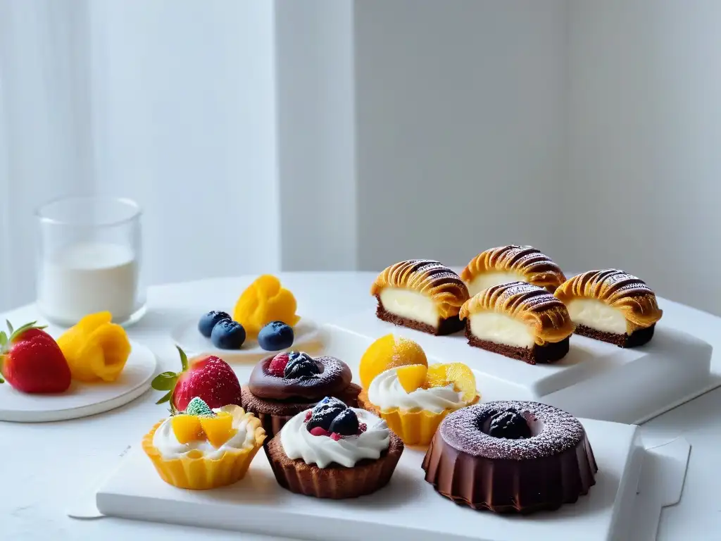 Delicados pastelitos artesanales en plato cerámico sobre encimera blanca Una elegante repostería ética en una cocina blanca impecable