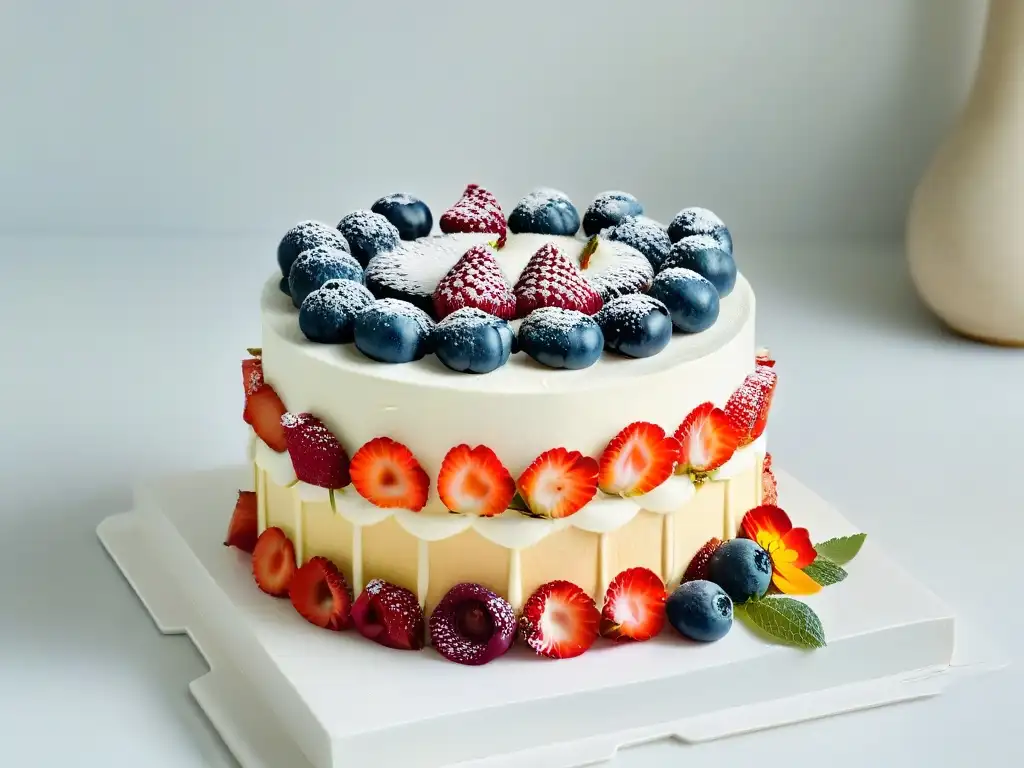 Exquisita tarta keto con frutas y flores en mármol Una elegante repostería keto para ocasiones especiales con pastel decorado con frutas y flores comestibles en mármol y fondo neutro iluminado
