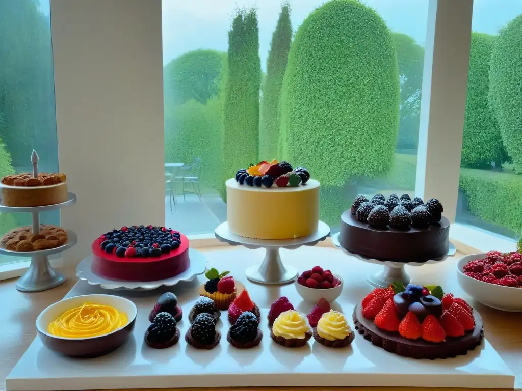 Un elegante rincón de repostería con postres coloridos y herramientas de cocina, iluminado por luz natural
