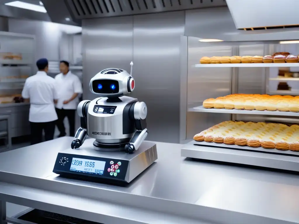 Un elegante robot de cocina en repostería creando postres en una moderna cocina, con chefs en un bullicioso bakery