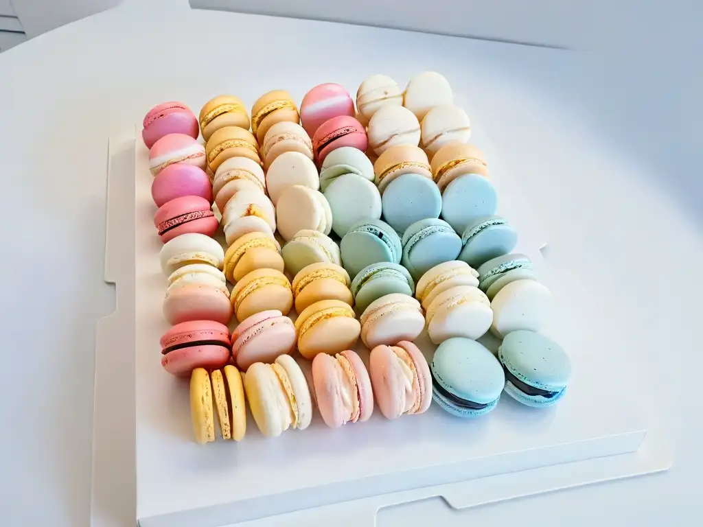 Una elegante selección de macarons pastel sobre mármol blanco, reflejando la psicología del color en pastelerías