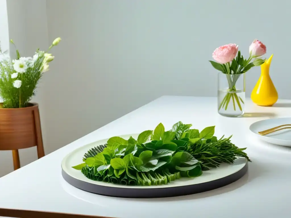 Un elegante y sereno comedor rodeado de vegetación, con vajilla y flores frescas