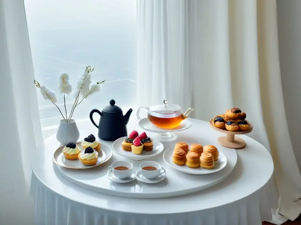 Un elegante set de mesa para la tarde de té con postres exquisitos, tazas y tetera