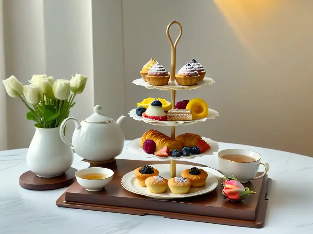 Un elegante set de té y postres rodeado de flores y verdor, evocando tranquilidad y refinamiento