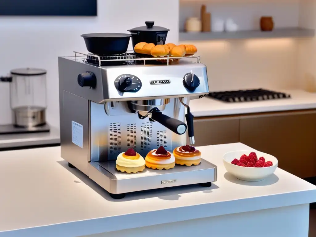 Un elegante sifón de crema junto a pastelería delicada, reflejando precisión y sofisticación