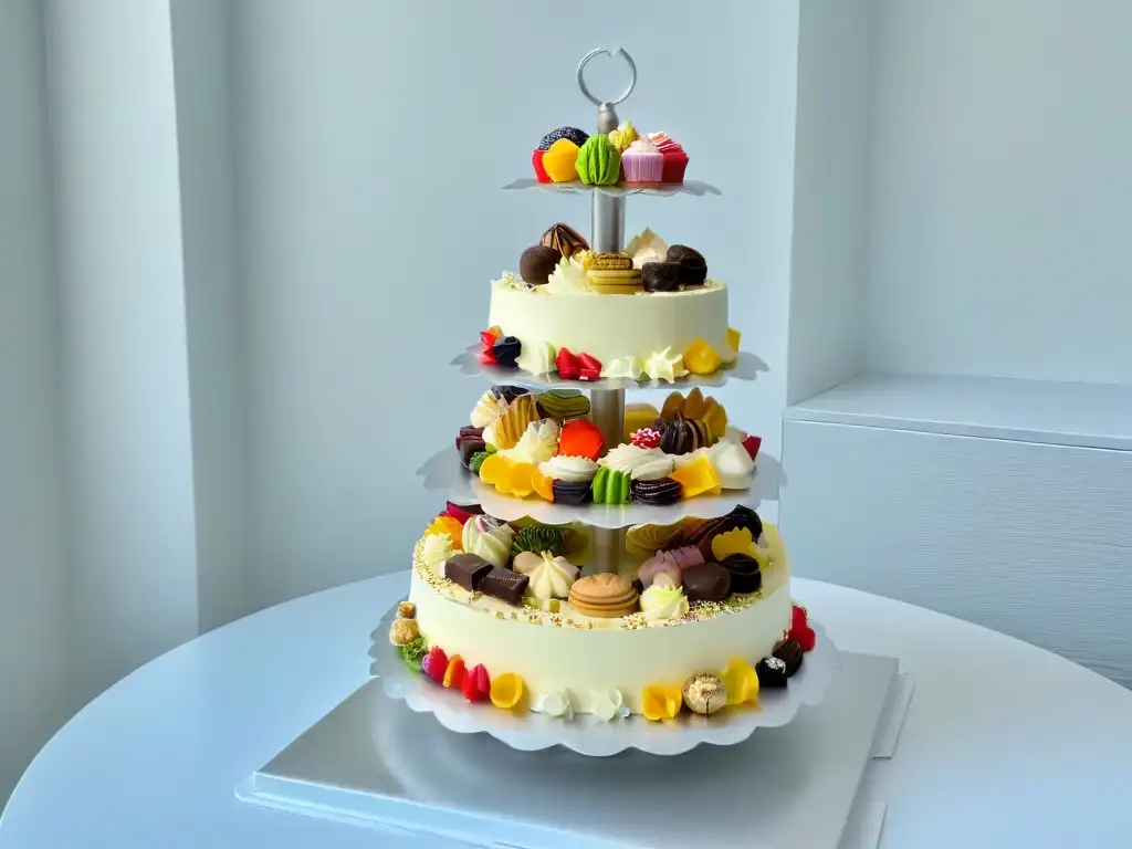 Delicias en miniatura: arte y precisión en postres elegantes Un elegante stand con mini postres para fiestas cumpleaños, exquisitamente decorados y coloridos