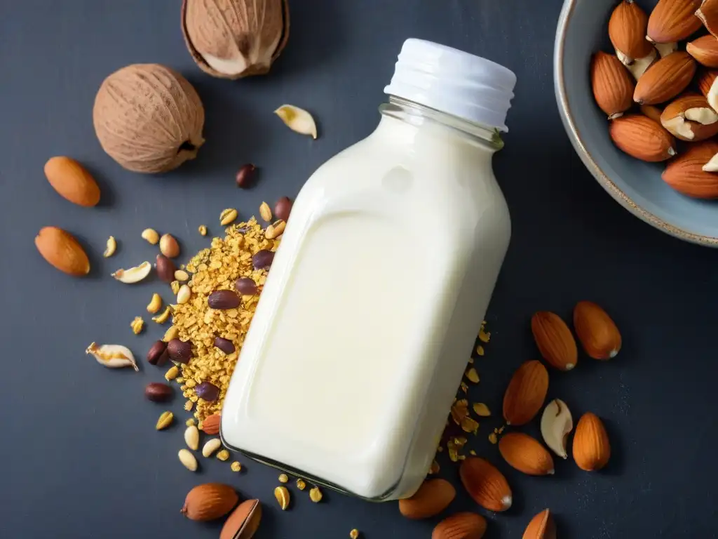 Un elegante sucedáneo vegano de leche en botella de vidrio junto a nueces y semillas en una mesa de madera clara