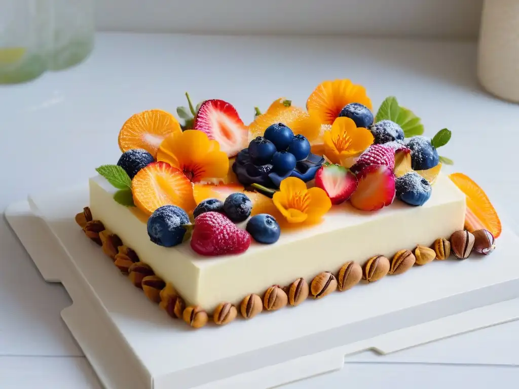 Un elegante surtido de repostería vegana con frutas, nueces y flores comestibles