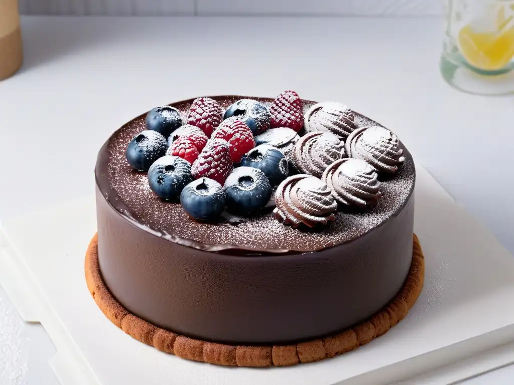 Un elegante surtido de snacks dulces sin gluten: pastel de chocolate, galletas de almendra y mini tartaletas de frambuesa en plato blanco moderno