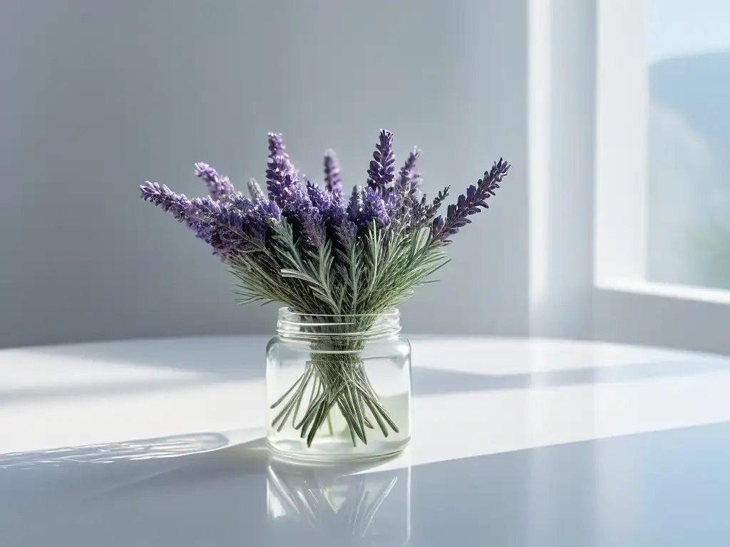 Un elegante tarro de cristal con ramitas de lavanda fresca en una encimera de cocina blanca impecable