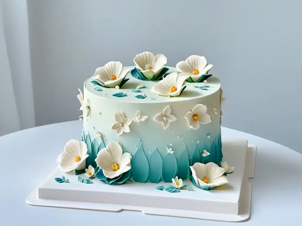 Una elegante tarta blanca con flores de fondant en tonos pastel, sobre un fondo liso