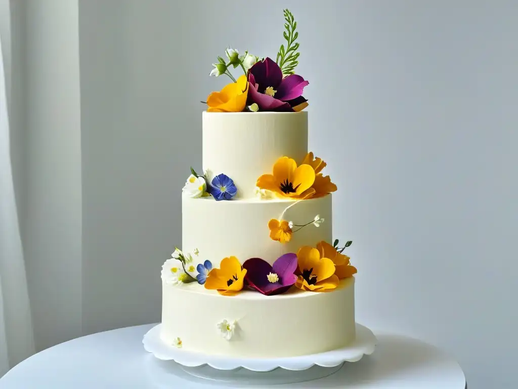 Una elegante tarta de boda decorada con flores comestibles, exhibiendo un diseño minimalista y sofisticado