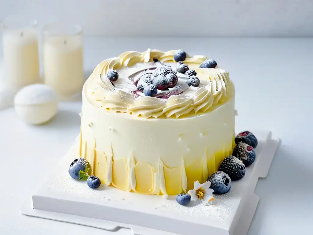 Una elegante tarta decorada con conservadores naturales, rodeada de frutas frescas y flores comestibles