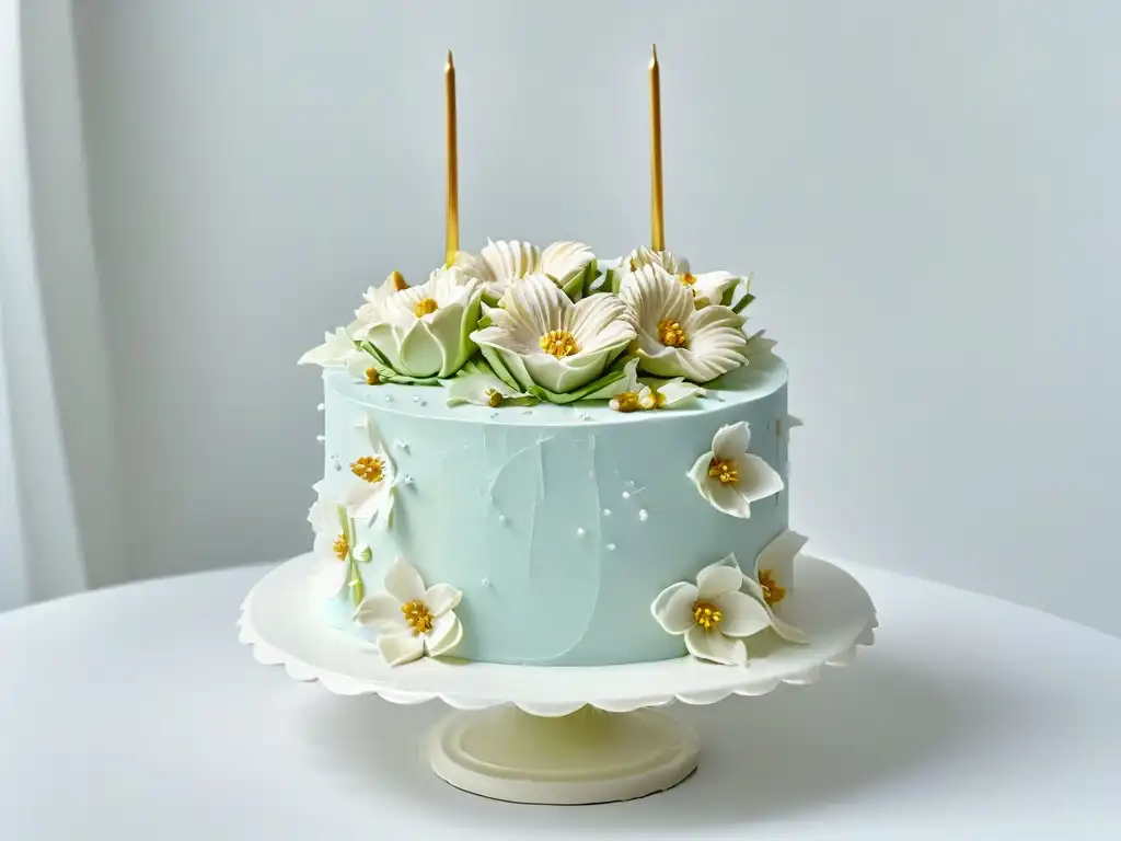 Una elegante tarta minimalista decorada con flores de azúcar en tonos pastel, sobre un soporte moderno, en un fondo blanco impecable