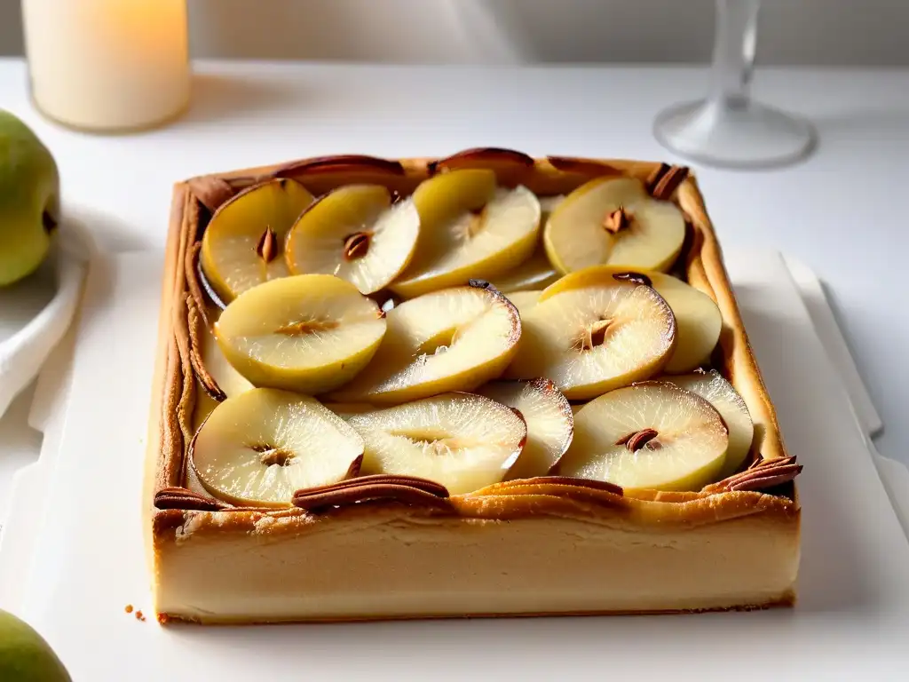 Una elegante tarta de pera con especias, perfectamente cortada, sobre un plato blanco, evocando la esencia del horneado invernal