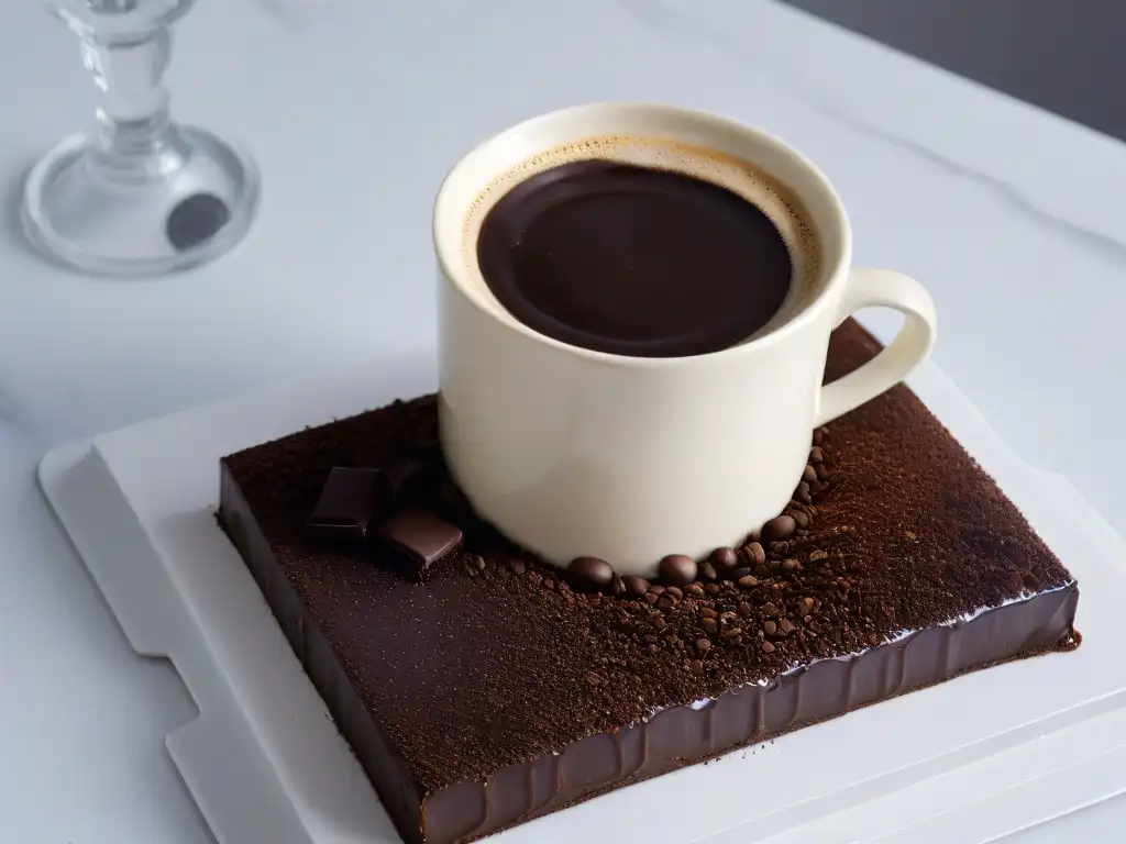 Una elegante taza de café con espresso y chocolate negro sobre mesa de mármol blanco