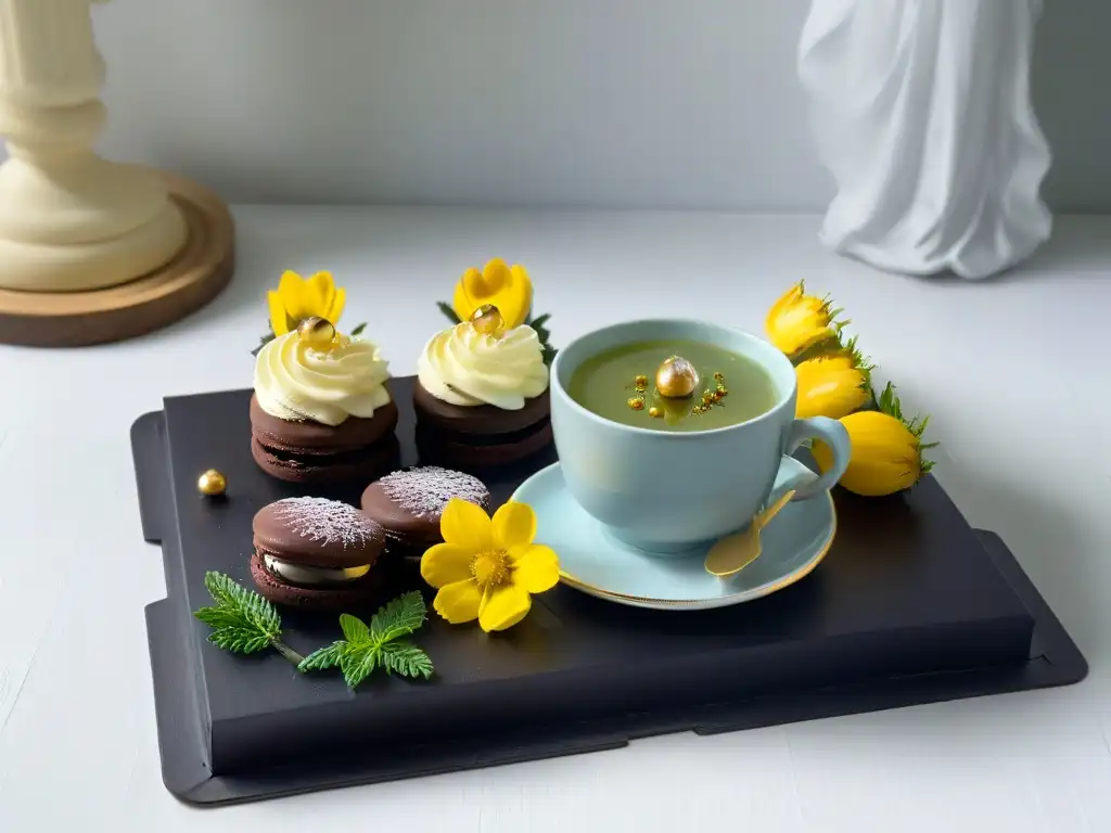 Una elegante taza de porcelana blanca llena de té de manzanilla dorado, junto a un trío de postres en una bandeja de pizarra negra, bajo una luz suave