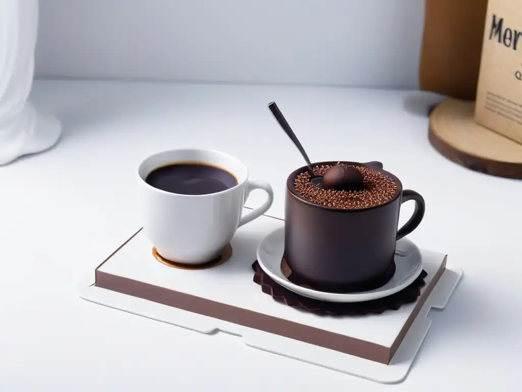 Una elegante taza de porcelana con café y chocolate oscuro, en un entorno sofisticado