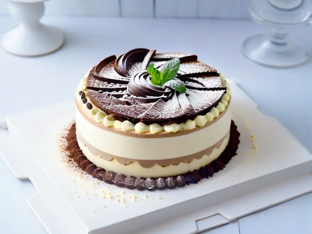 Un elegante tiramisú equilibra el dulce mascarpone con los amargos bizcochos de café, decorado con cacao y menta fresca, en un plato blanco