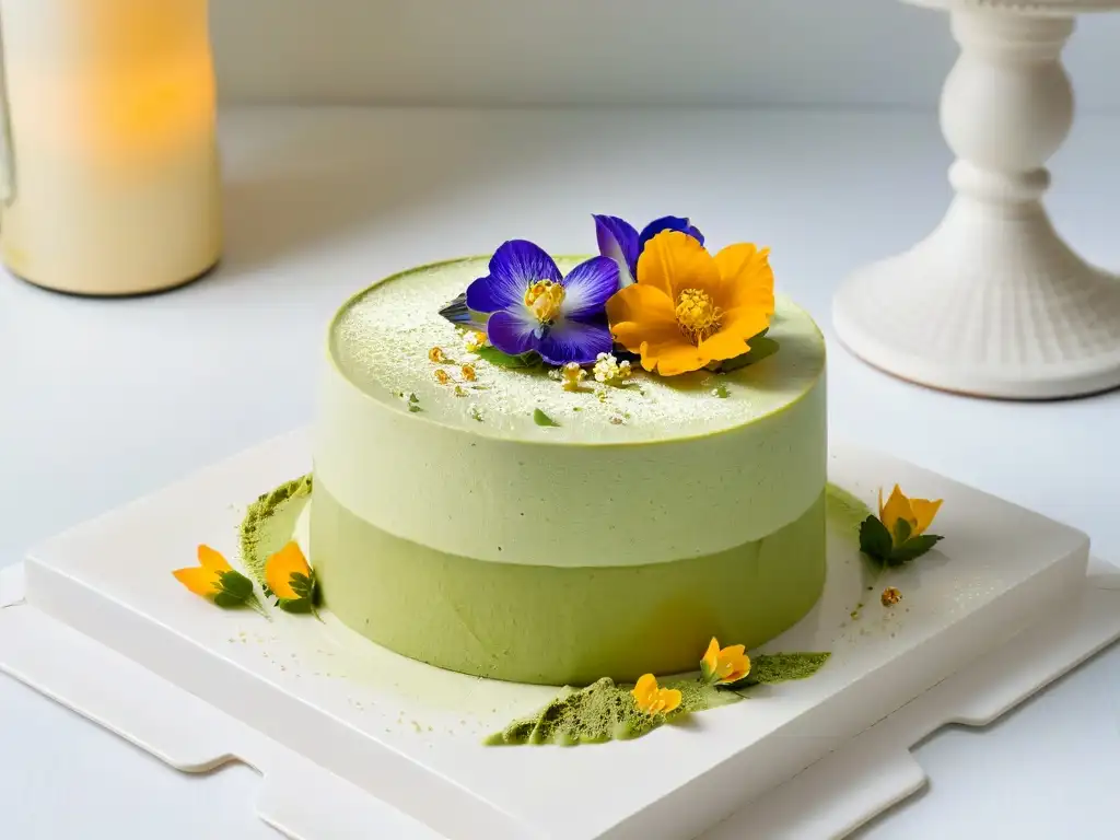 Un elegante tiramisú de té matcha con flores comestibles y hojas de oro, sobre un fondo blanco