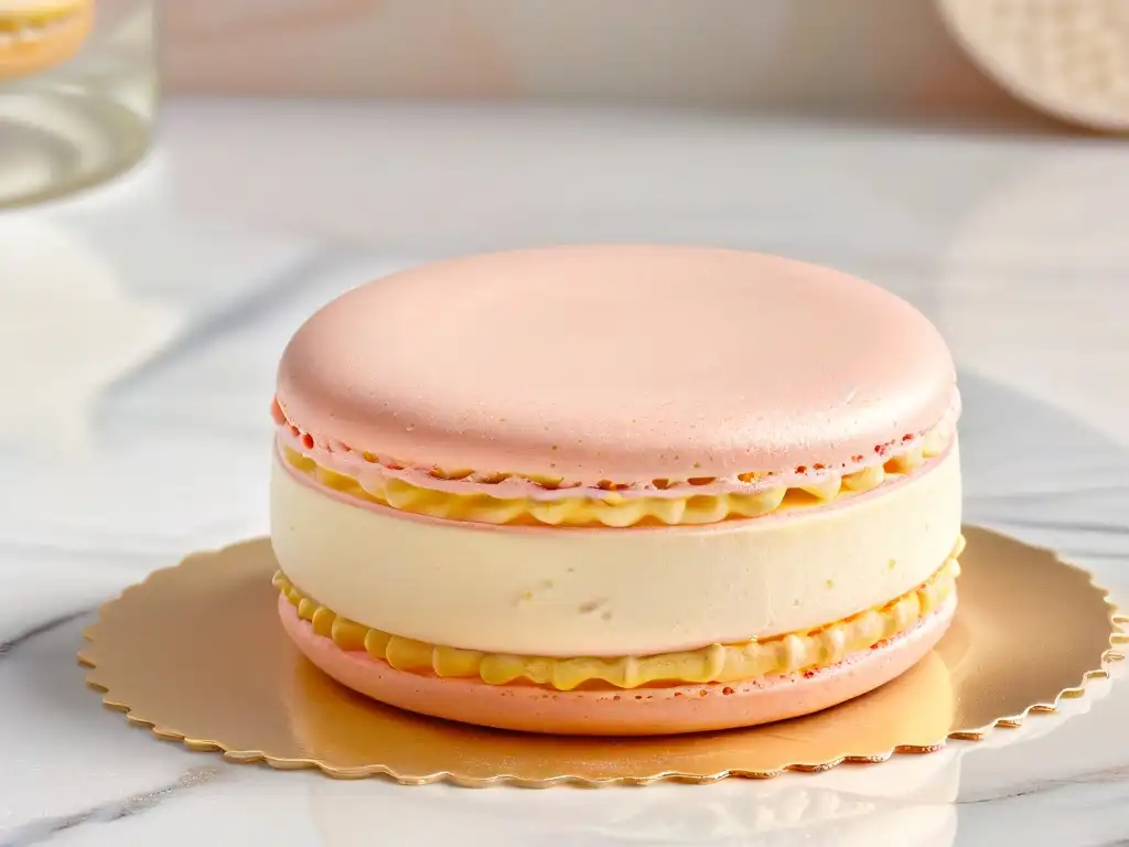 Un elegante macaron en tonos pastel y dorados sobre mármol