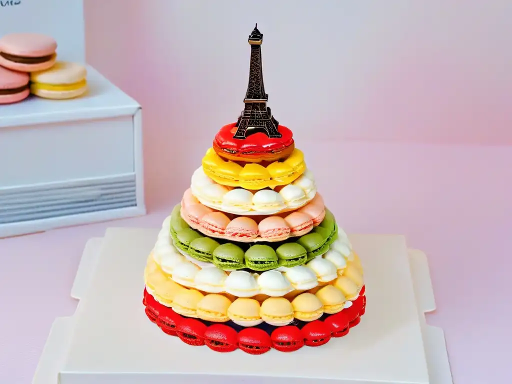 Elegante Torre Eiffel de macarons coloridos en un ambiente pastel