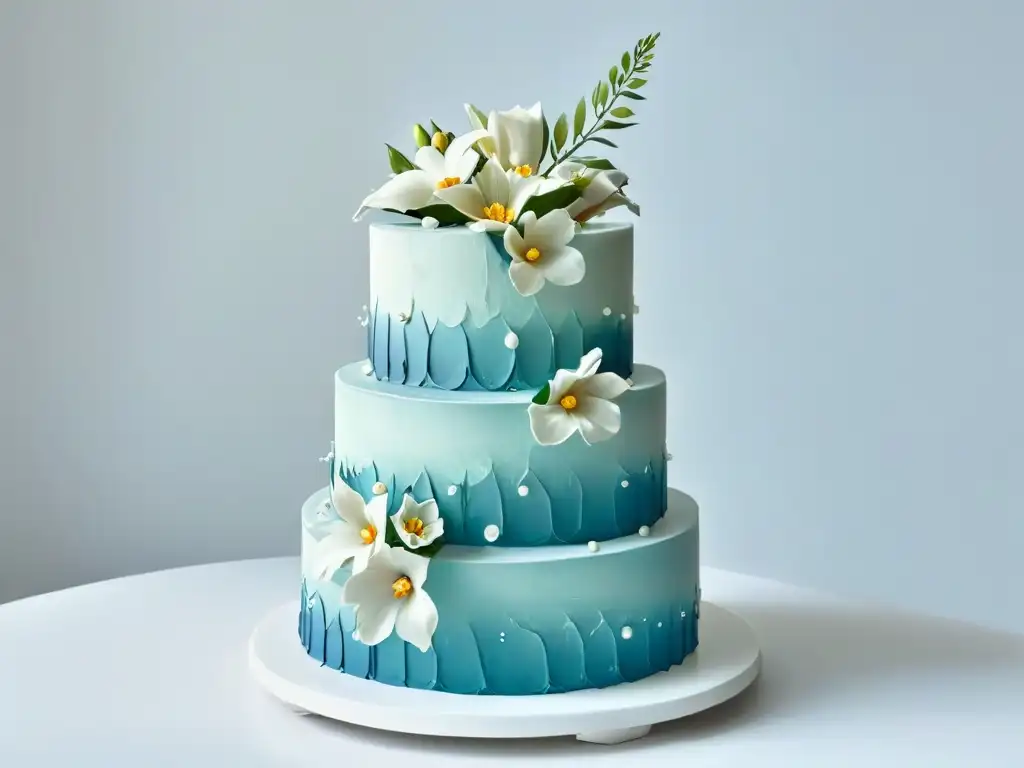 Una elegante torta de bodas moderna con patrones geométricos en tonos pastel y flores de azúcar, ideal para Innovaciones postres bodas futuras