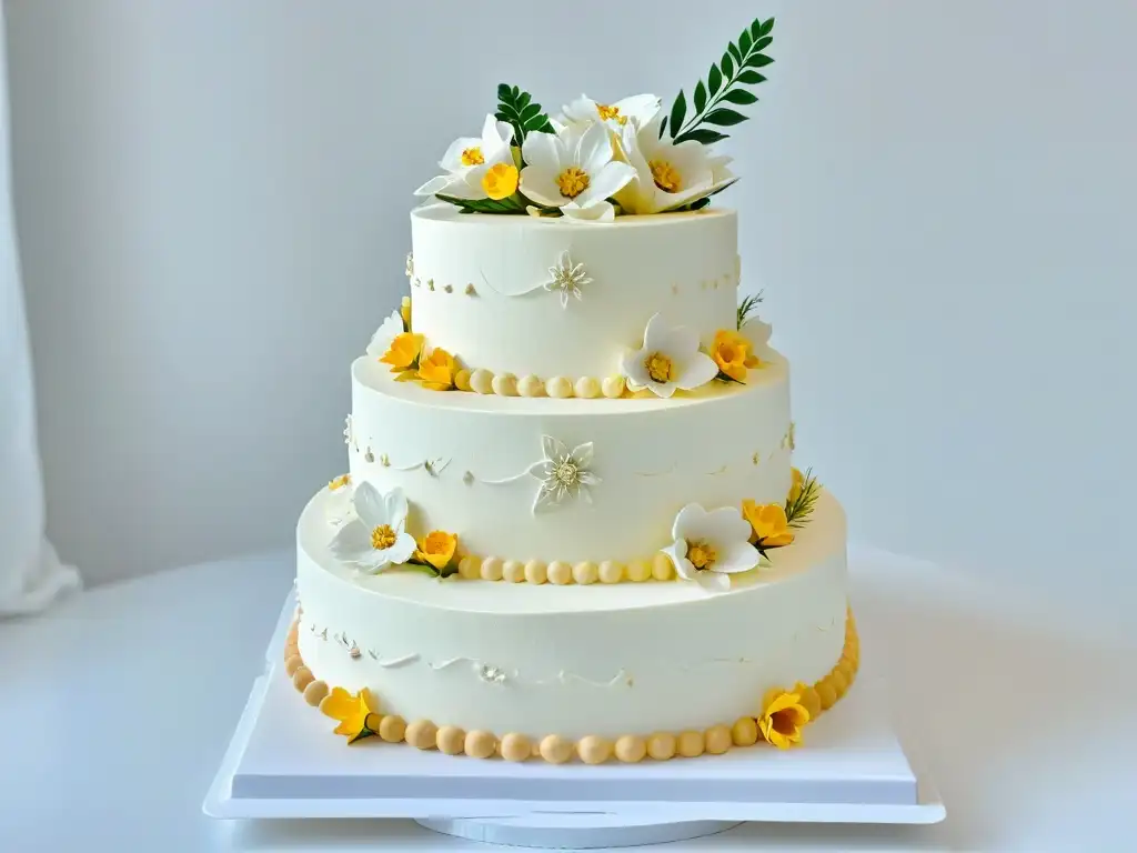 Una elegante torta decorada con detalle y delicadeza, en un pedestal blanco