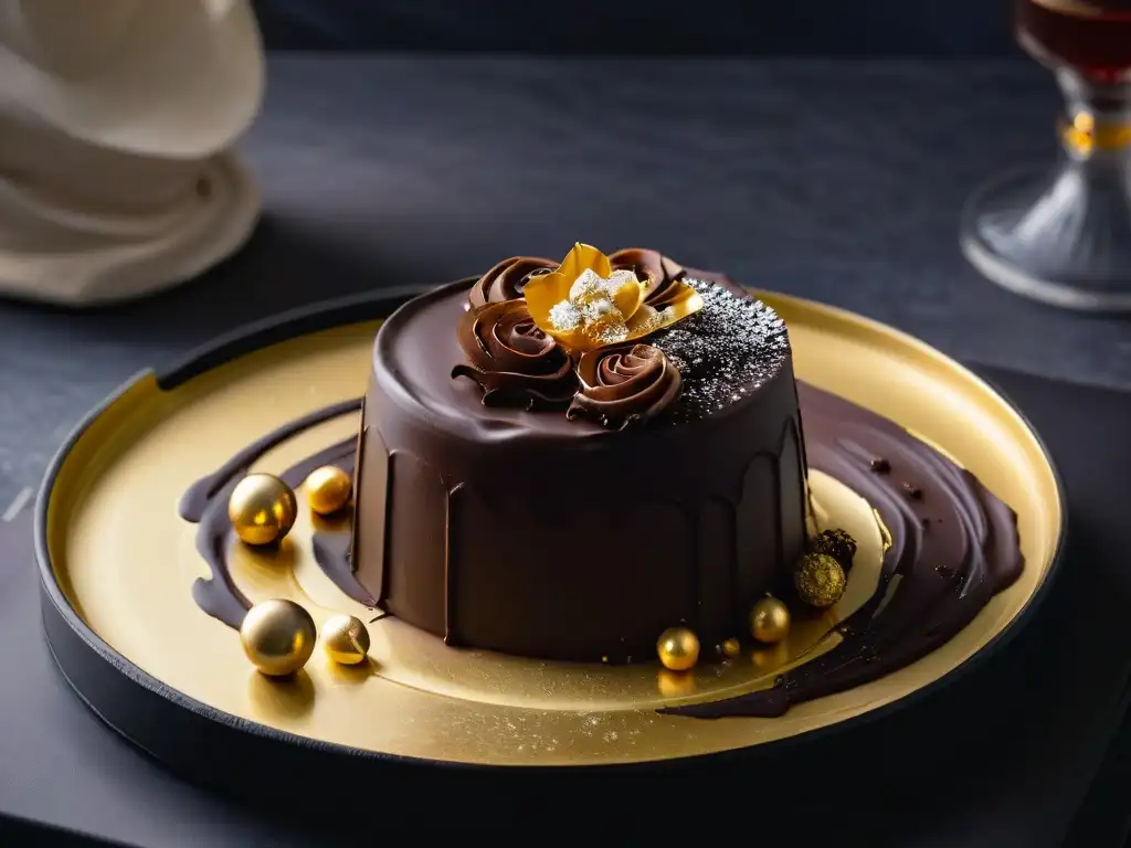 Elegante trufa de chocolate negro con destellos de oro comestible, reposando en un plato negro