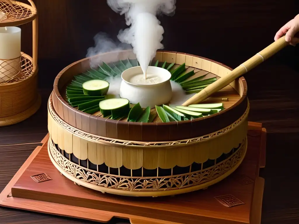 Un elegante vaporizador de 'puto bumbong' filipino, tallado en bambú, en una mesa de madera rústica