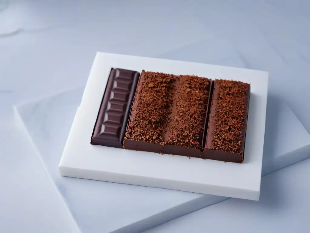 Una elegante variedad de barras de chocolate vegano en una superficie de mármol, destacando texturas y detalles