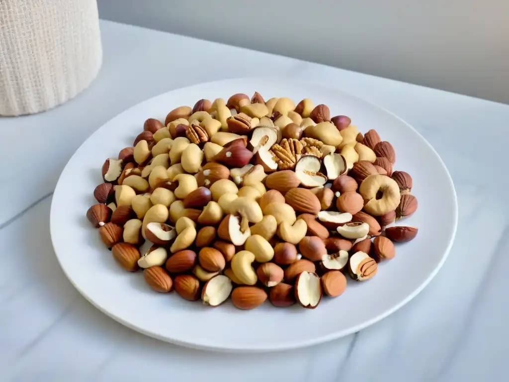 Exquisita variedad de nueces en mármol moderno Una elegante variedad de nueces dispuestas en una encimera de mármol