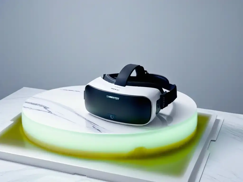 Futurista visor de realidad virtual en mármol blanco Un elegante visor de realidad virtual en un mostrador de mármol blanco, iluminado con luz ambiental
