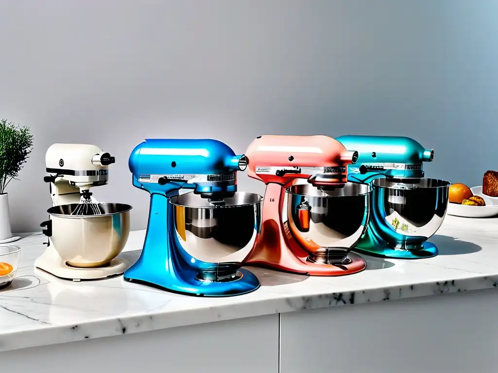 Exclusivas batidoras de pie en elegante cocina moderna Elegantes batidoras de pie repostería en una cocina moderna de diseño, destacando lujo y calidad